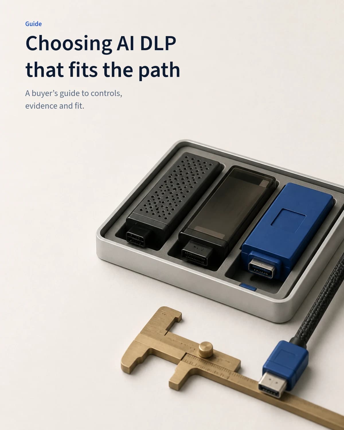 Three materially distinct AI DLP control cartridges are compared against one braided data connector in a precision tray