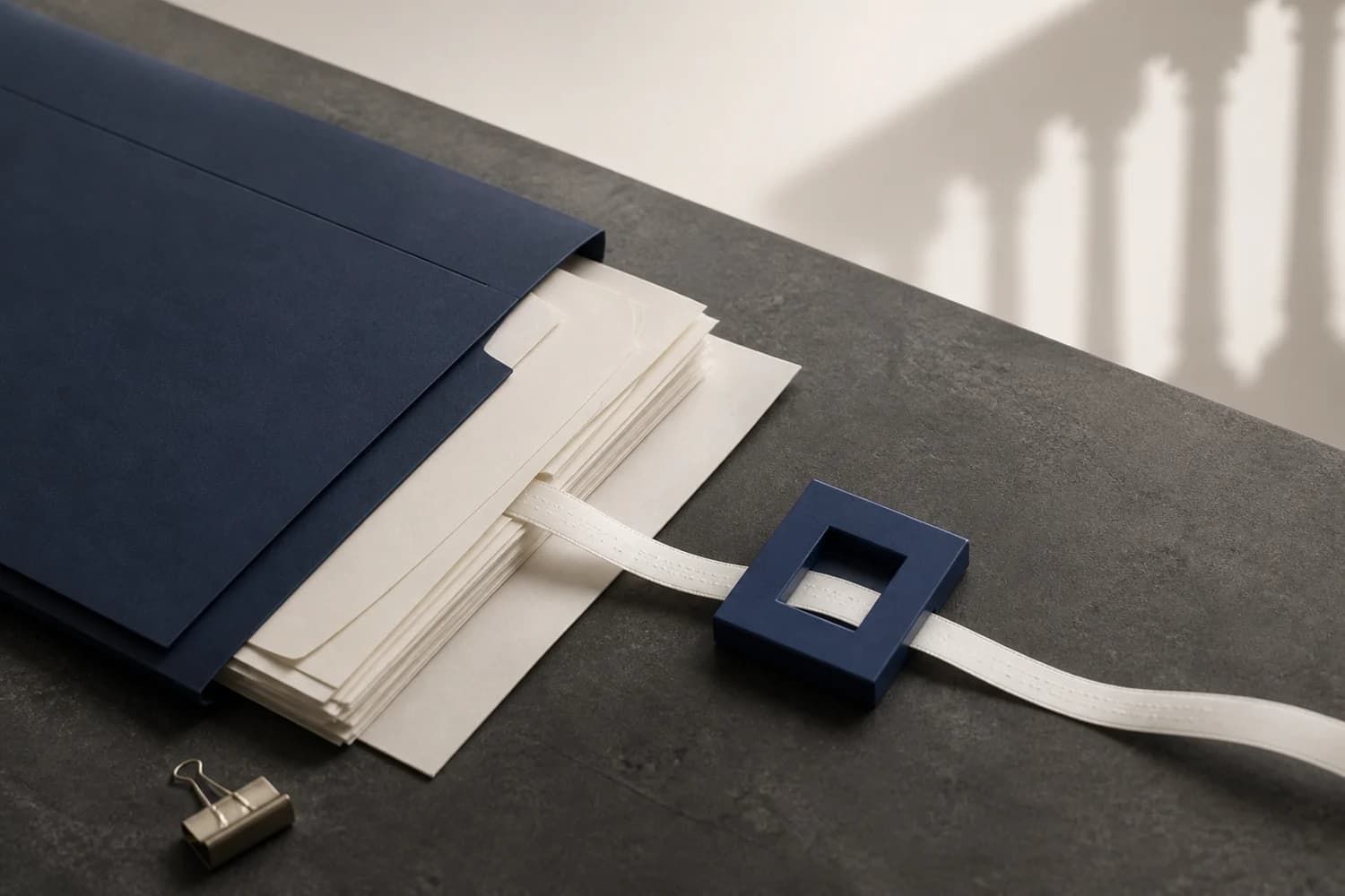Cream court documents rest on a navy case file while a concealed ribbon becomes visible at a cobalt inspection aperture
