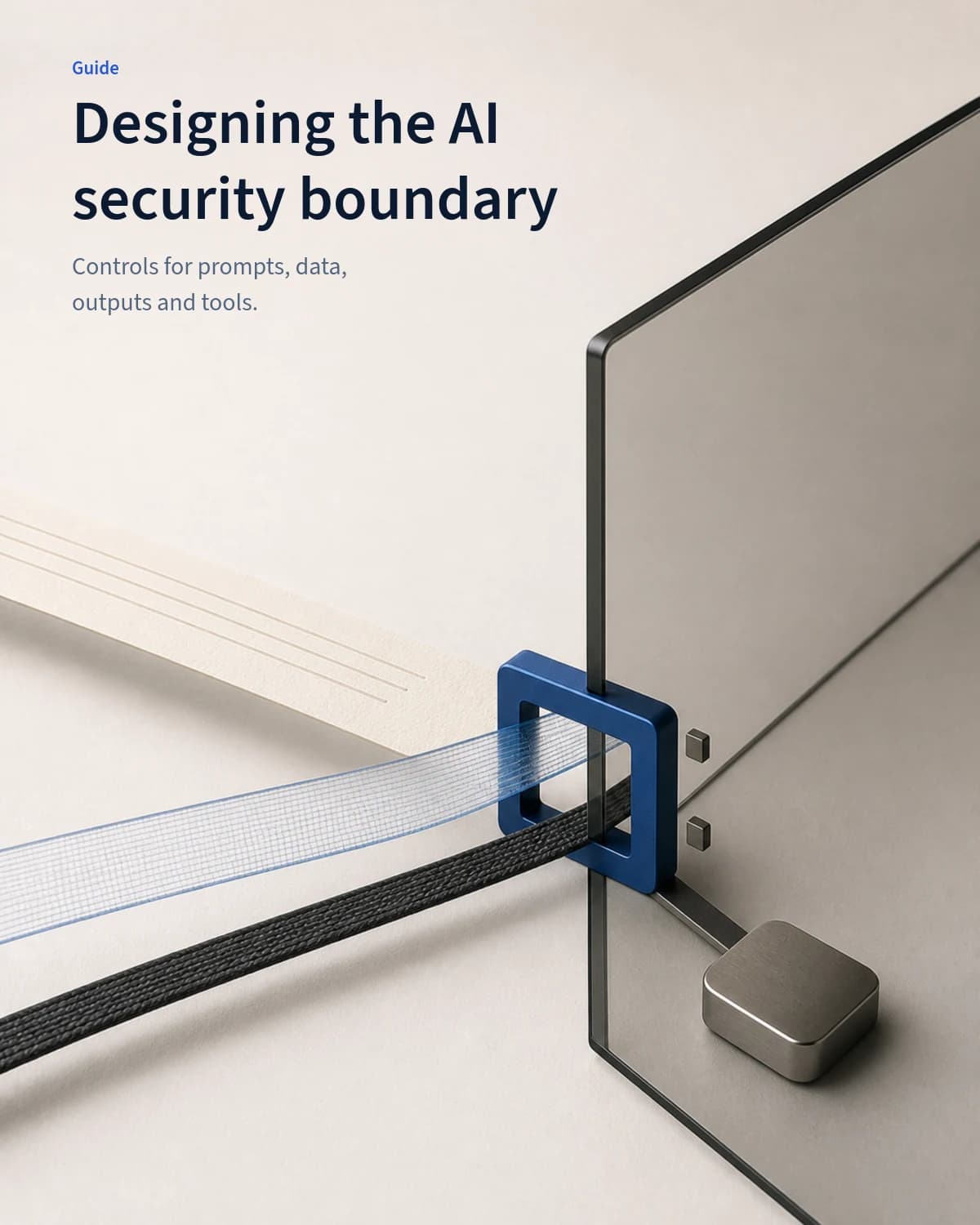 Paper, translucent data, woven tool cable and a metal output capsule cross a smoked-glass partition through one cobalt checkpoint