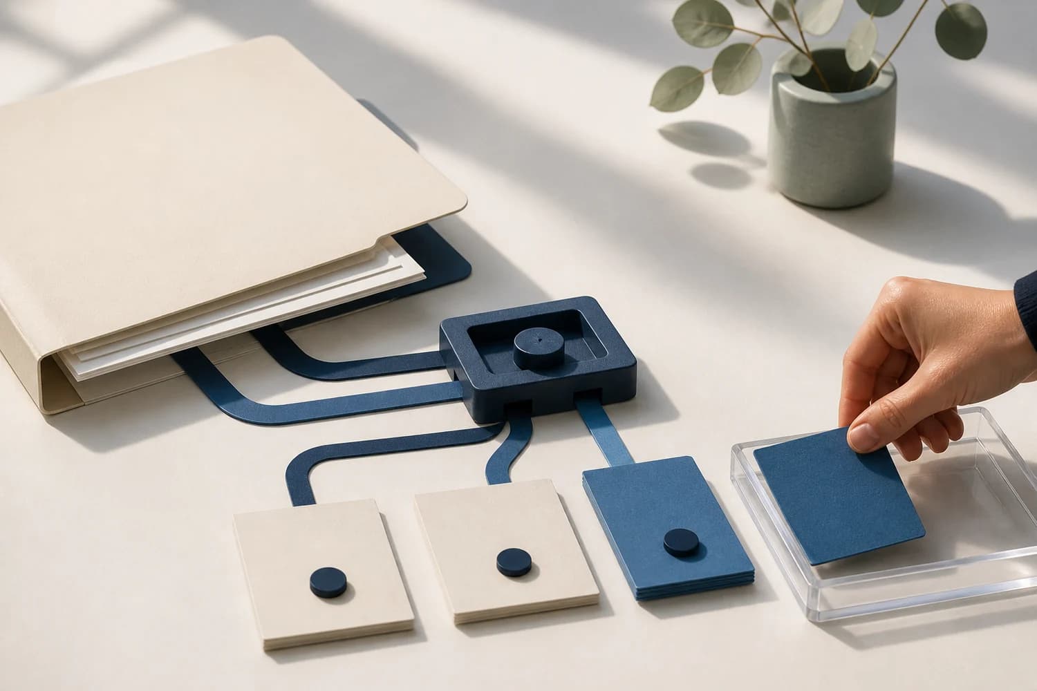 A human hand places a cobalt review tile among routed case records and an automated decision unit