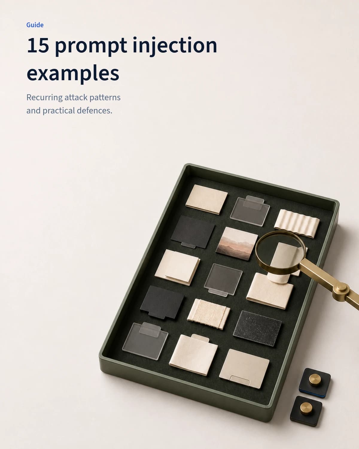 Fifteen prompt specimens in varied paper, film and card textures are arranged under a brass inspection lens in a green tray