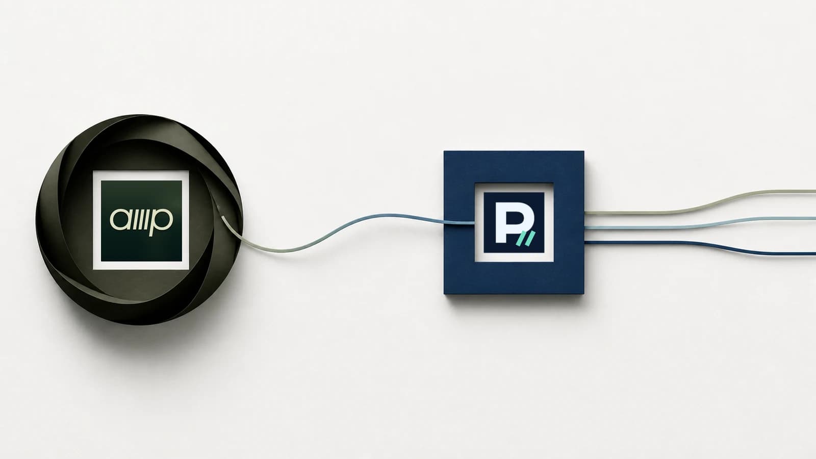 An Amp thread passing through a Promptective policy aperture and continuing along three protected paths