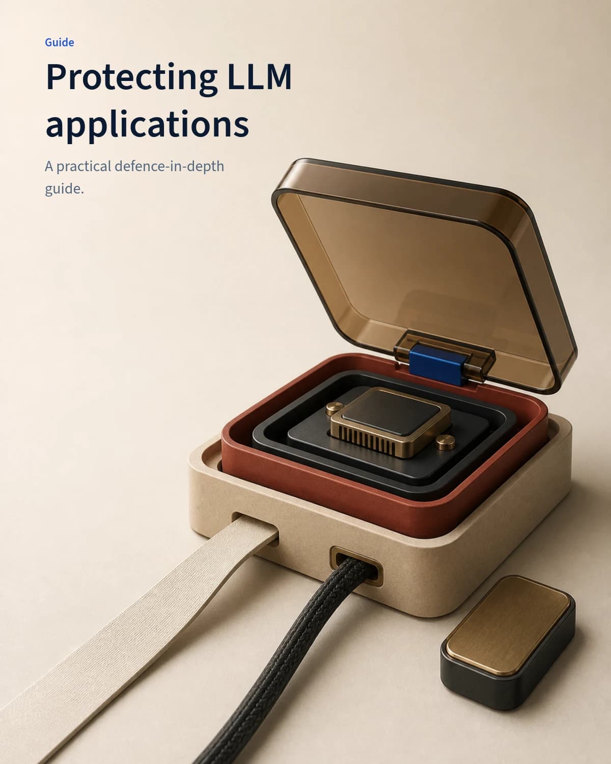 A compact LLM application core sits inside sandstone, oxide and smoked-amber protective layers with separate controlled inputs