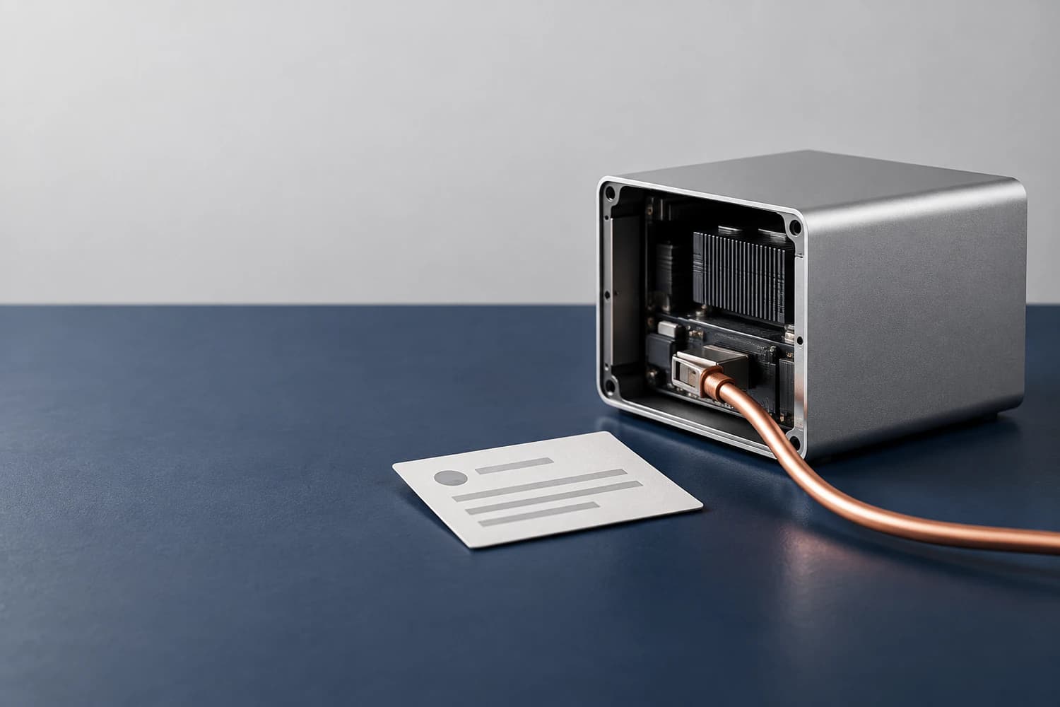 A support-ticket card beside a computing module with an exposed service-connection cable