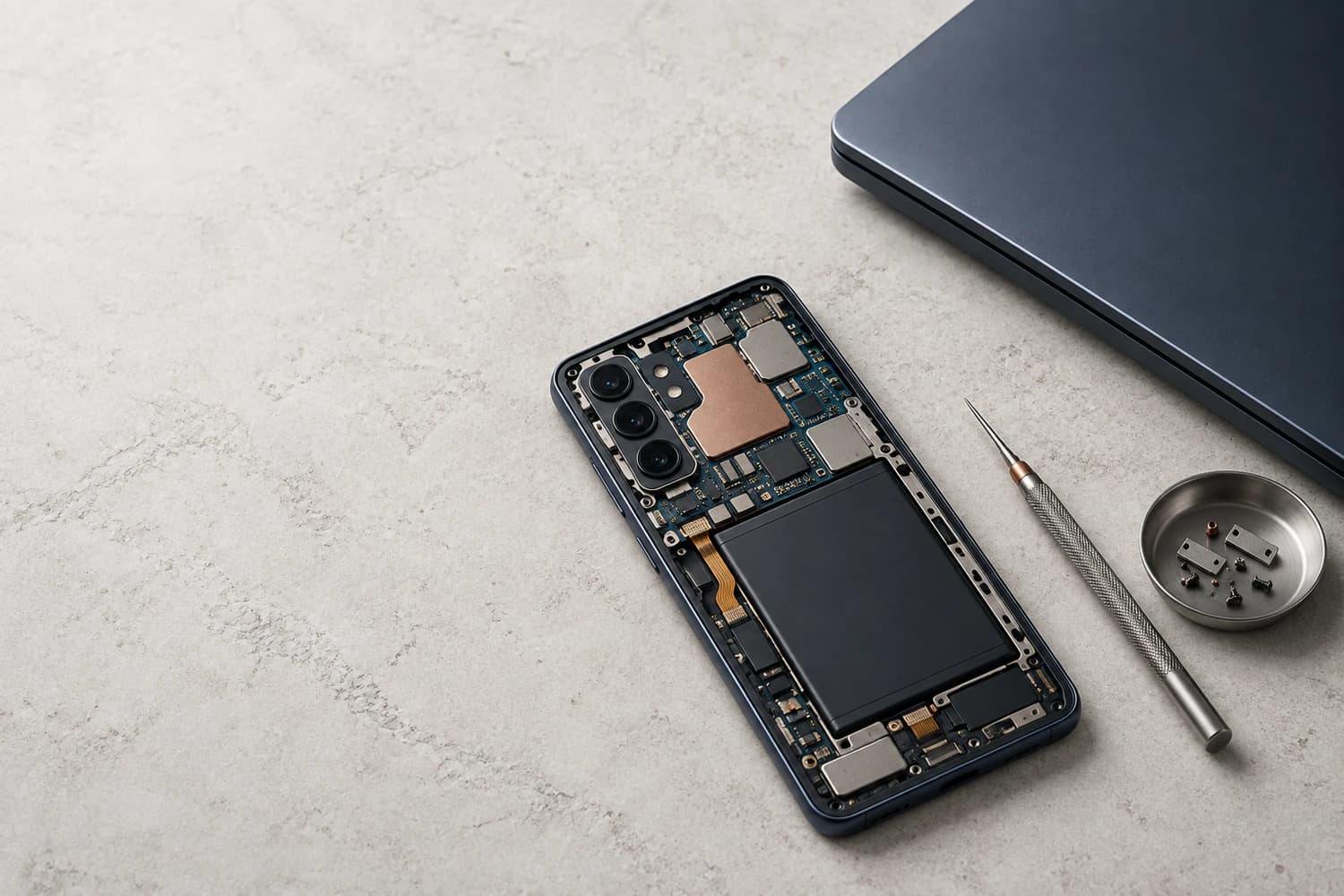 An open phone chassis with exposed circuitry lies beside a closed laptop and precision tool on a pale workbench