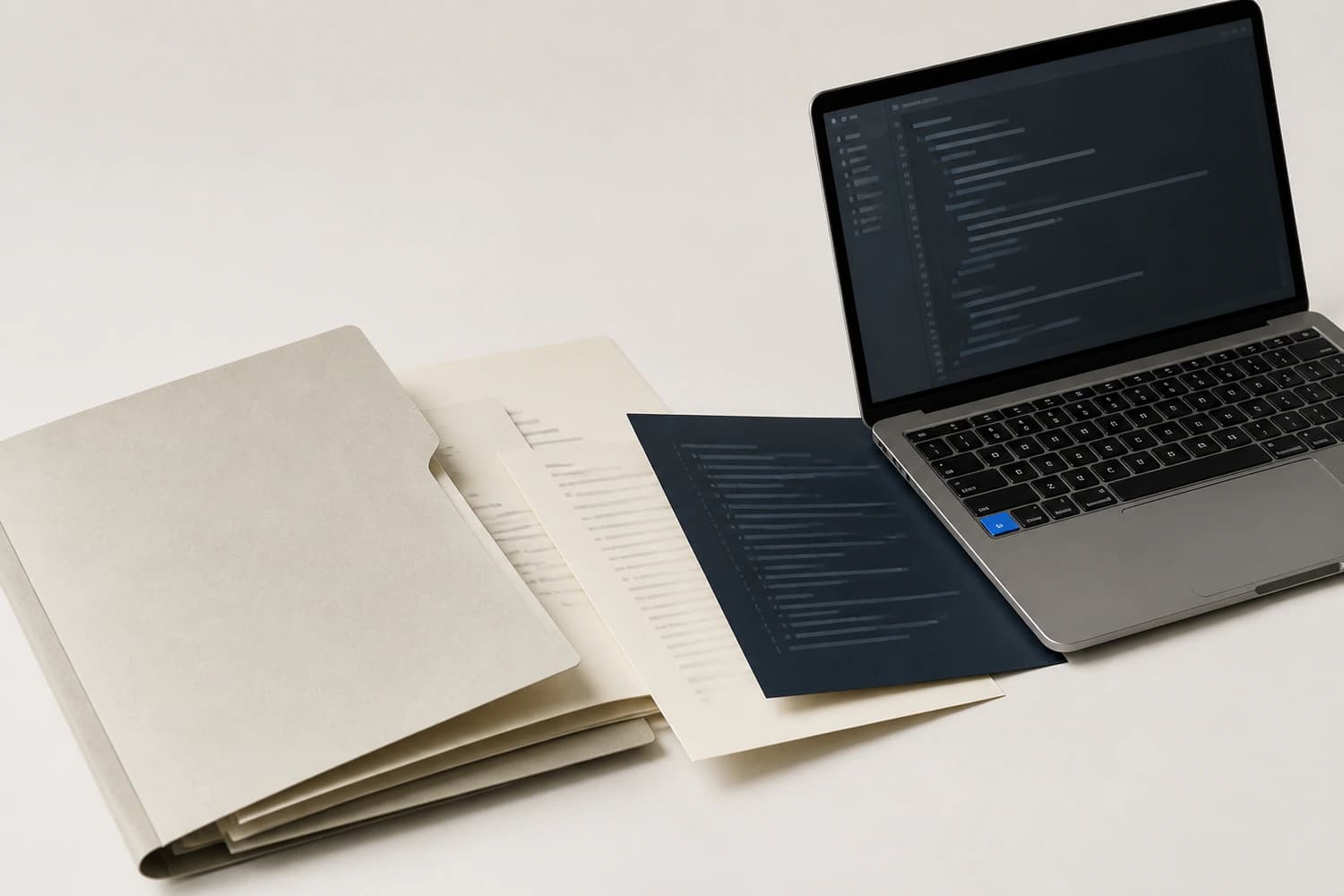 A dark instruction sheet lies among pale project documents and extends beneath a laptop showing a code editor