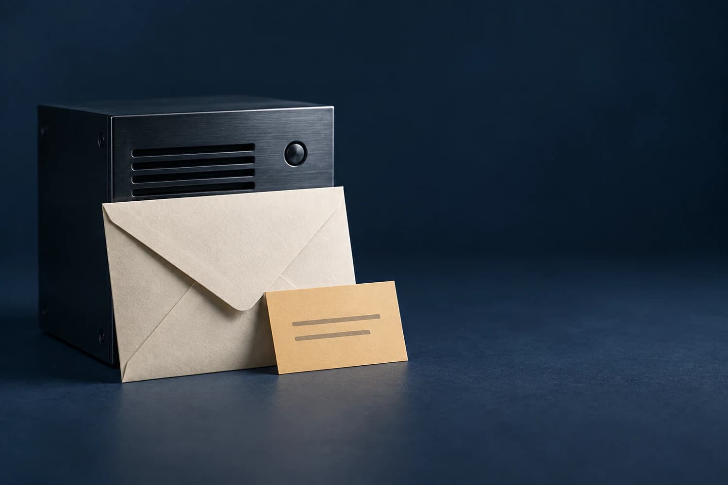 A cream envelope and amber maintenance card rest against a dark metal server panel