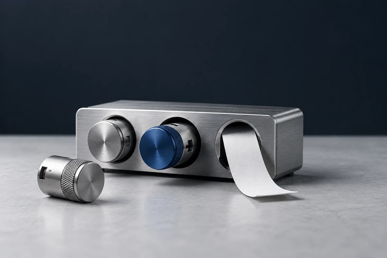 An aluminium selector holds removable cartridges beside a separate slot returning a strip of paper