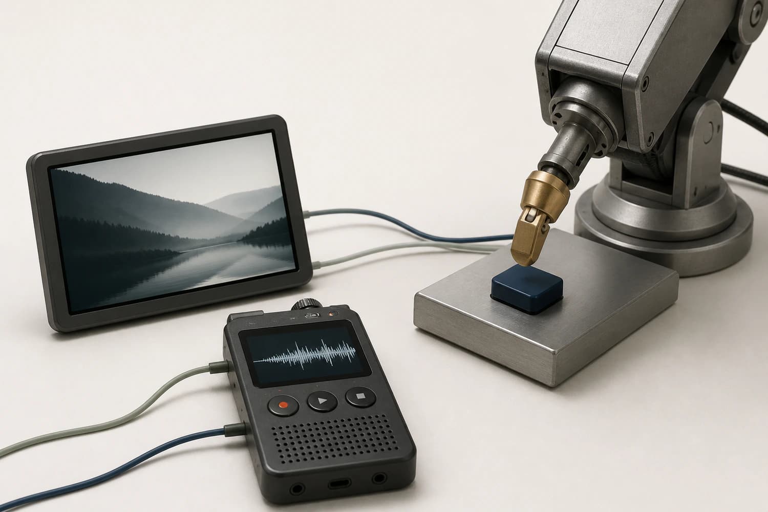 An image display and voice recorder sit beside a mechanical fingertip hovering above an unpressed blue switch