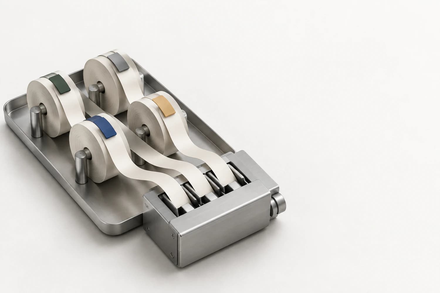 Four separately tagged paper spools feed distinct strips into an aluminium reader