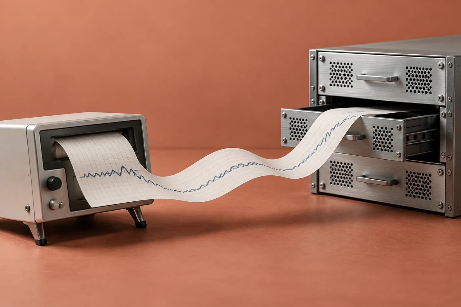 A strip-chart monitoring record reaches an open server drawer on a terracotta work surface