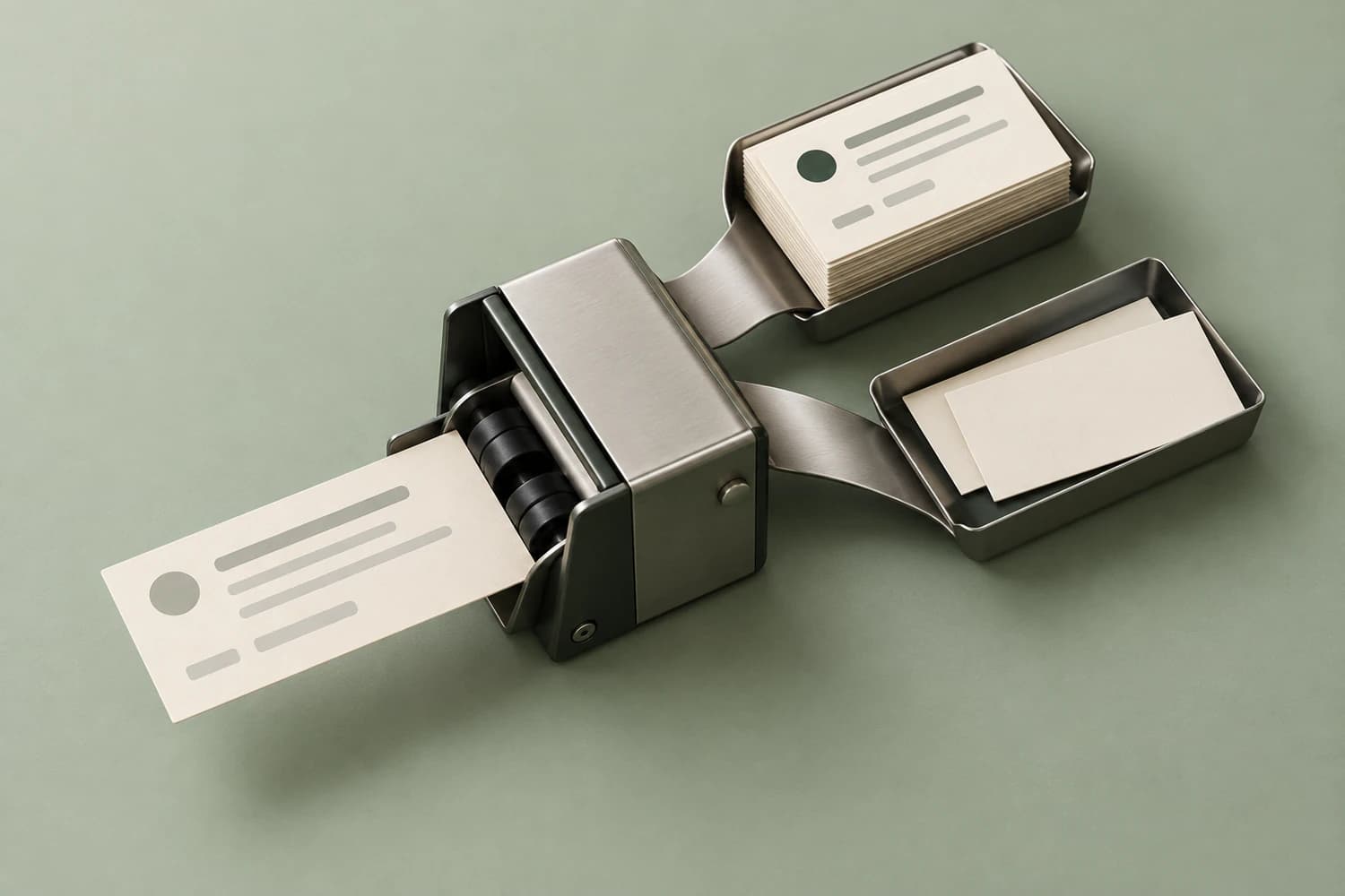 An incoming form card enters a metal sorter connected to separate record and correspondence trays