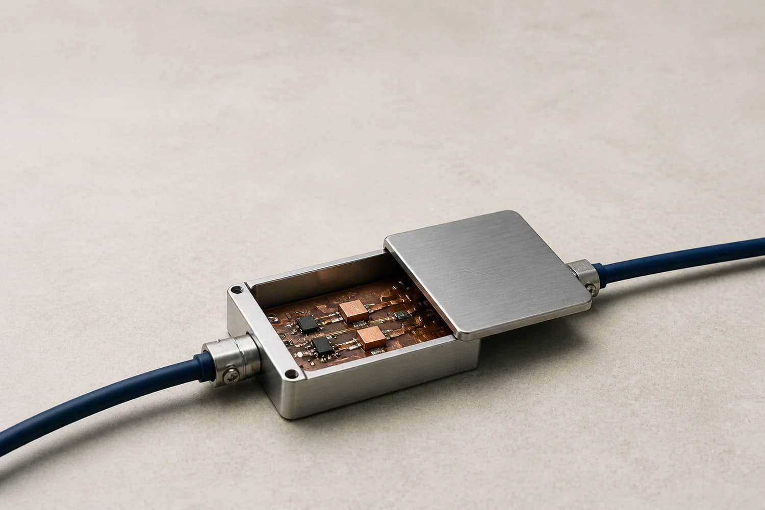 An aluminium relay with its lid slid aside exposes copper circuitry between two dark blue cables